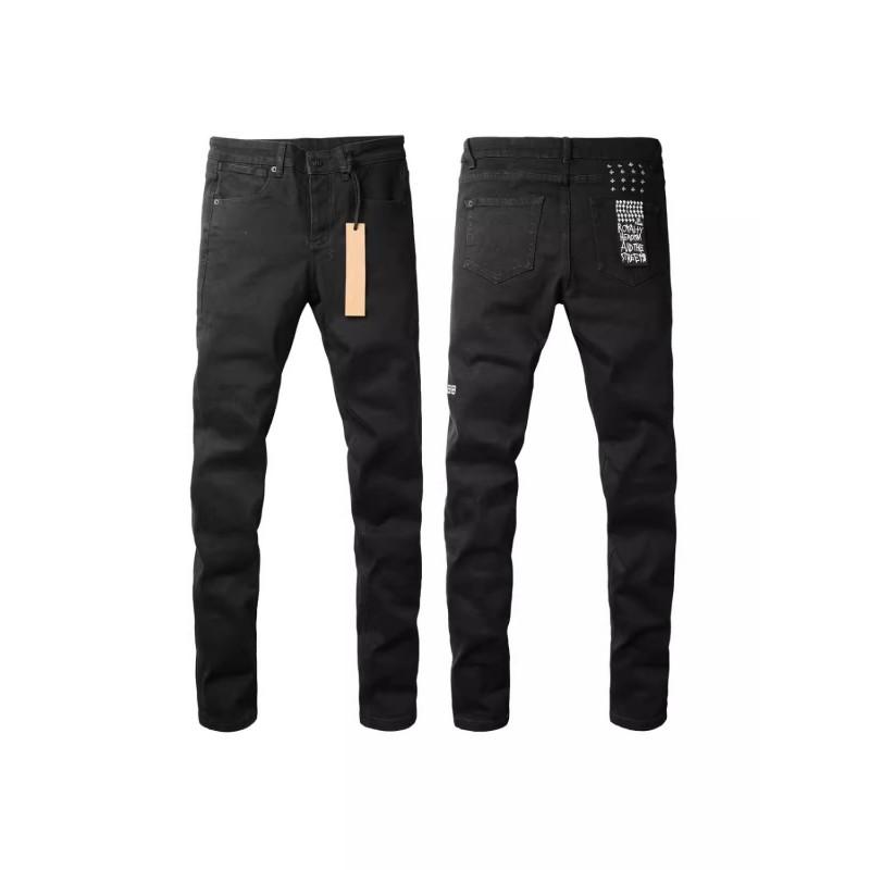 Mens Slim Fit Distressed Denim Jeans With Embroidered Patch Vintage Ink Wash Stretch Cotton Streetwear Style