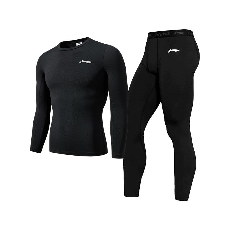 Li Ning Compression Long Sleeve Top And Long Pants Fitness Set Men activewear Black YZMB-YUDW016