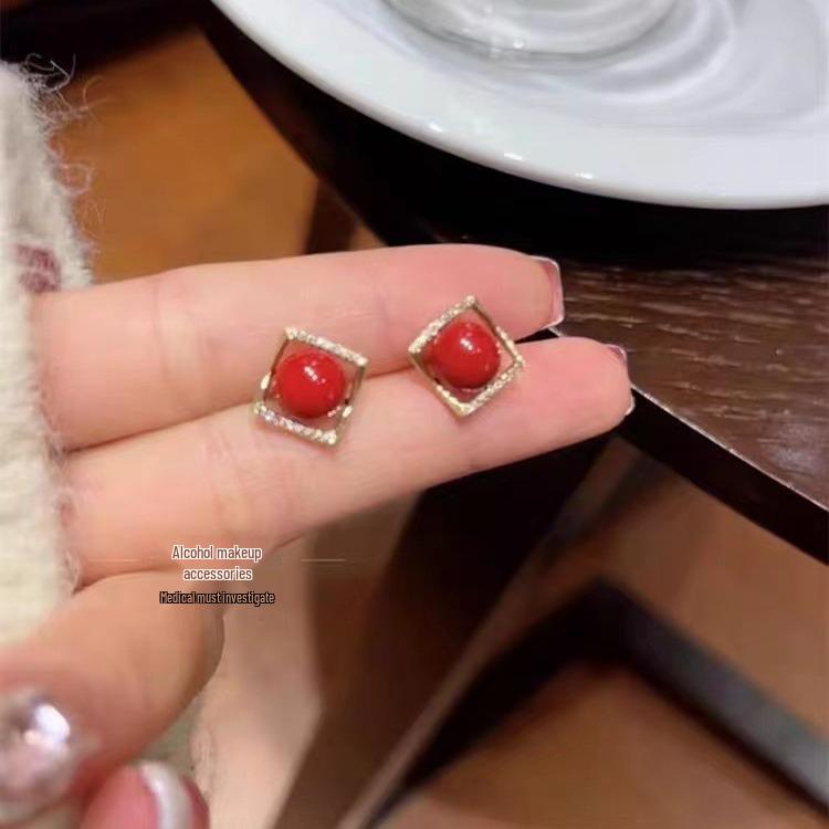 2024 Women's French Retro Red Pearl Earrings - S925 Silver, Simple Design