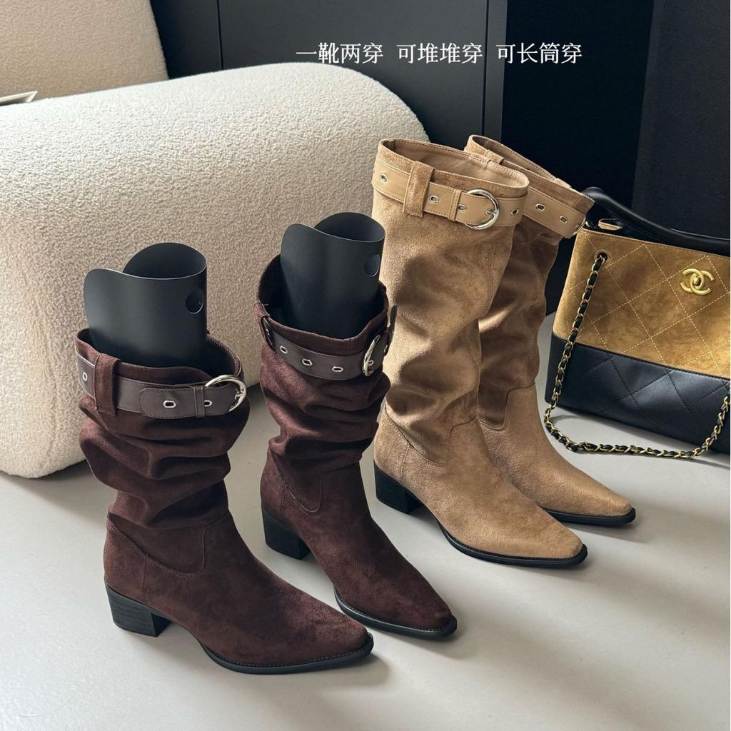 2025 Winter New Round Head Thick Heel Belt Buckle Locomotive Women's Short Boots Versatile Tall Tube Fashion Thin Boots Western Women's Boots