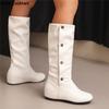 Fashion Women Boots 2025 Winter New Fashion Casual Mid Calf Boots Round Toe Buckle Plus Size 34-50 Lady Shoes Rivet Metal Decoration