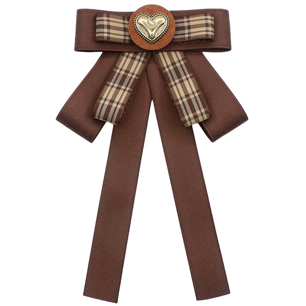 Vintage Brown Plaids Ribbon Bows Tie Brooch Pin for Women Girl Japanese Preppy Uniform Pre Tied Bowknot Corsage Necktie