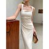 French Temperament Socialite Royal Sister High-end Satin Long Dress Slim-fitting Hip-wrapped Square Neck Suspender Dress Summer New