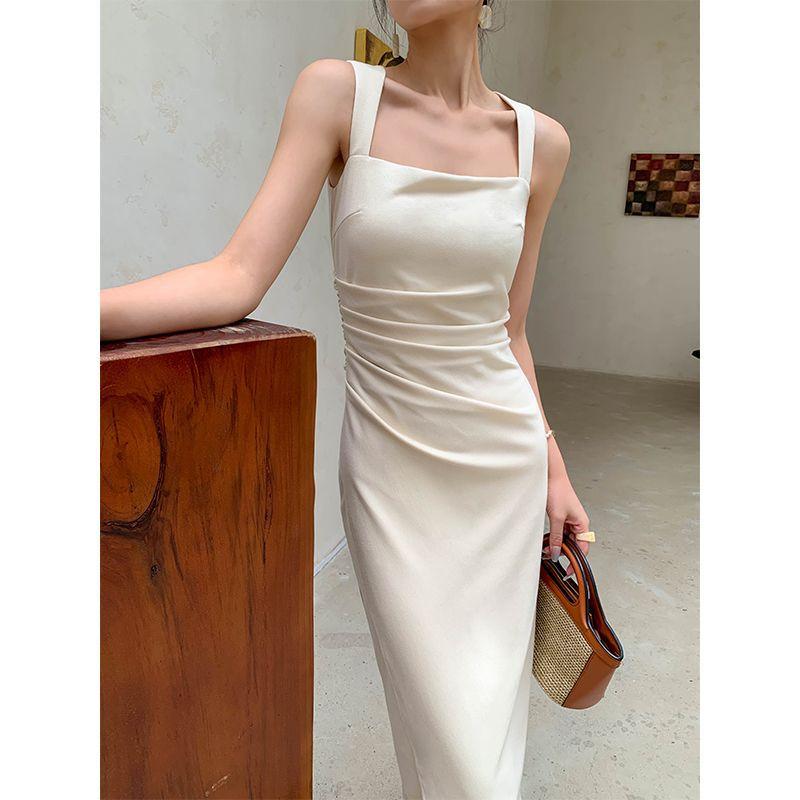 French Temperament Socialite Royal Sister High-end Satin Long Dress Slim-fitting Hip-wrapped Square Neck Suspender Dress Summer New