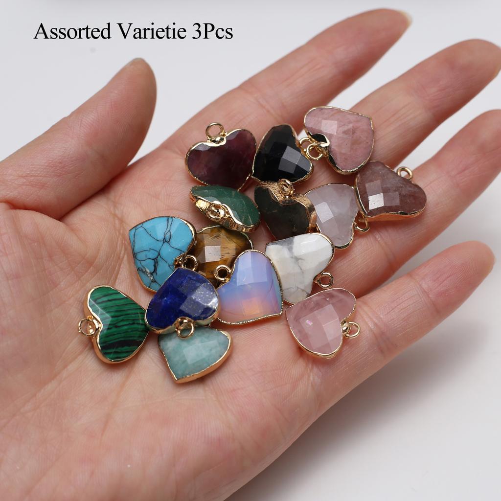 3Pcs, Heart Crystal Pendant with Golden Edging, Faceted Natural Stone Lapis Lazuli Malachite Turquoise Charms for Jewelry Making DIY Crafts 18×18mm