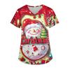 Ladies' Christmas Printed Fashionable V-neck Pocket Short Sleeved  Uniform And Caregiver Top