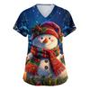 Women's V-neck Christmas printed short-sleeved pocket side-slit protective suit top