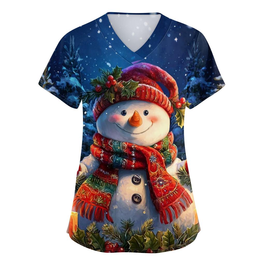 Women's V-neck Christmas printed short-sleeved pocket side-slit protective suit top