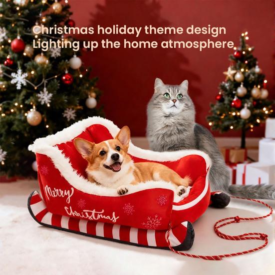 Weihnachtsschlitten Haustierbett Lustiges Flauschiges Weihnachtsmannschlitten Hundebett Abnehmbares Plüsch-Haustiersofa-Bett mit Rutschfester Unterseite für Katzen Hunde Feiertagsdeko