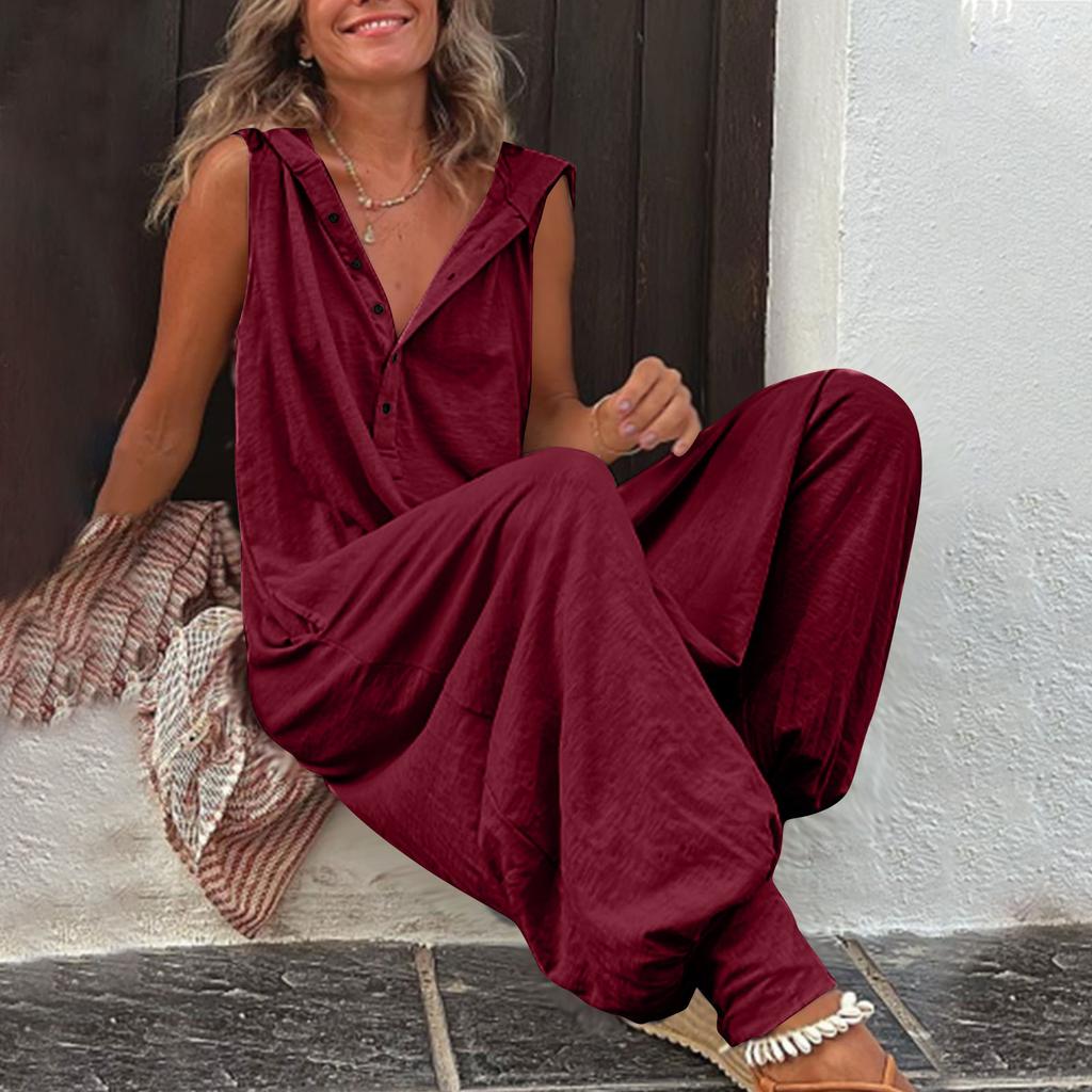 Women's Summer Casual Hooded Jumpsuit Loose Half Button Tapered Leg Romper Overall Pants