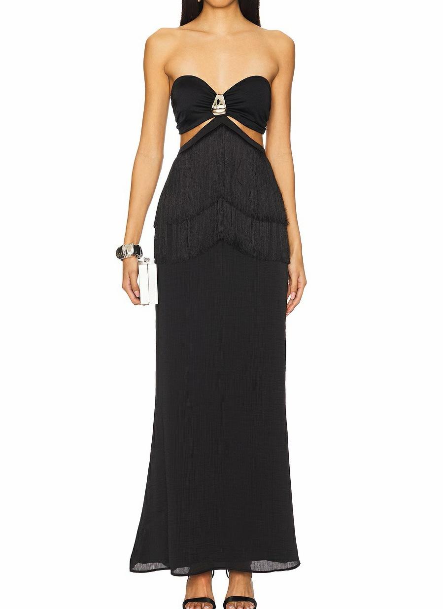 European and American cross-border new products Celebrity temperament waist long dress French retro banquet dress long fringed dress S чёрный