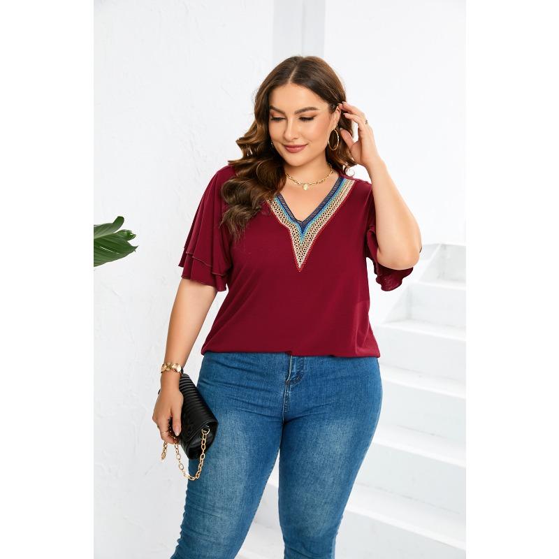 Dámské letní tričko plus size krajkové s výstřihem do V jednobarevné tričko s krátkým rukávem top