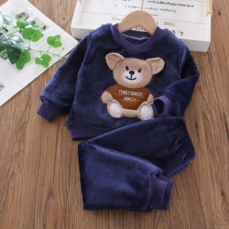 Småbarn Baby Gutter Klær Høst Vinter Barn Flanell Pyjamassett Tykk Varm Genser Tegneserie Søt bjørn Todelt Jentedress Joggedress