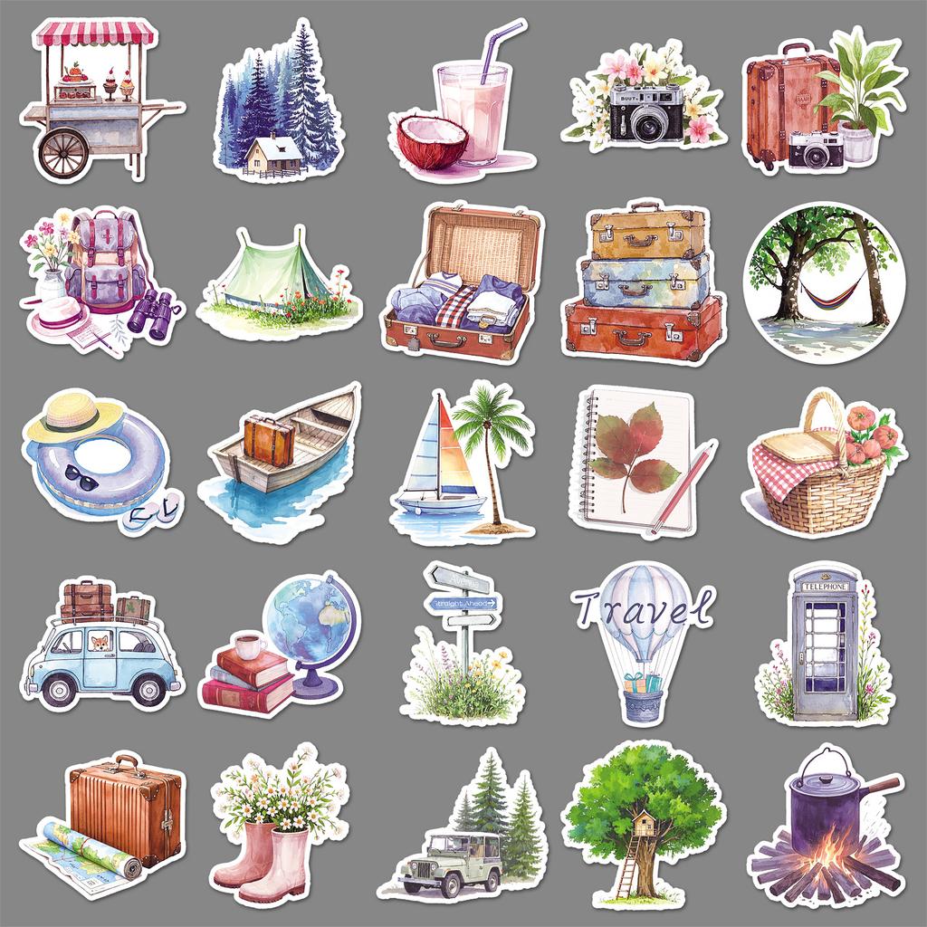 50 Outdoor Travel Graffiti Stickers Cartoon Small Fresh Hand-painted Watercolor Wind Camping Decorative Water Cup Mobile Phone Stickers