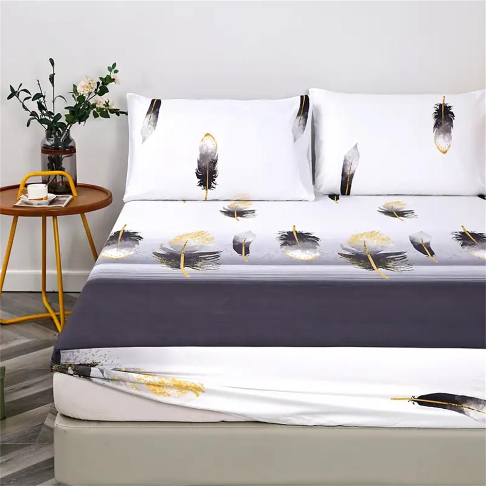 Feather Print Microfiber Bed Sheet Set with Pillowcases - Breathable All-Season Sanded Fabric, Machine Washable Bed Sheet