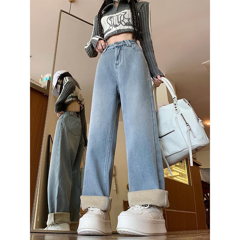 Winter 2025 Plus Size Fleece-Lined Straight Leg Jeans for Women - High Waist, Loose Fit, Slimming, Floor-Length.