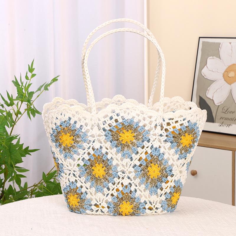 

Handmade One-Shoulder Crochet Beach Tote - Hollowed-Out Vacation Style Bag 50cm x 30cm x 17cm синій/платиновий