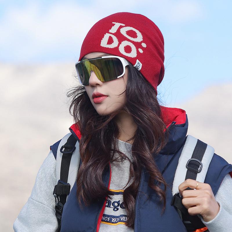 Fashion knitted hats men's and women's autumn and winter warm ear protection letter cold hat outdoor versatile big head circumference wool hat