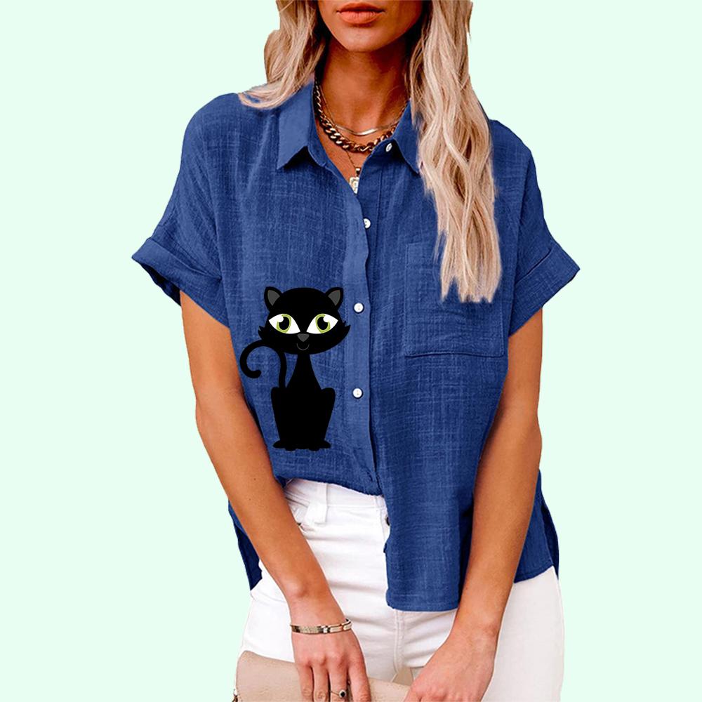 Plus Size Women Casual Short Sleeved Linen Top Fashion Cat Print T-shirt Ladies Loose Buttoned Blouse