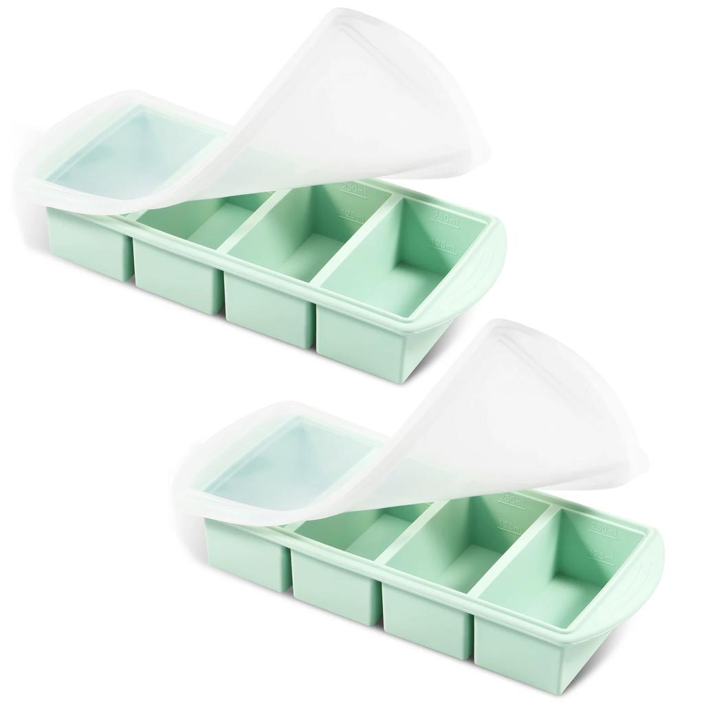 2Pcs Silicone Freezer Tray with Lid Easy Release Ice Cube Mold Soup Freezer Container Mold with Capacity Marking for Sauce Puree
