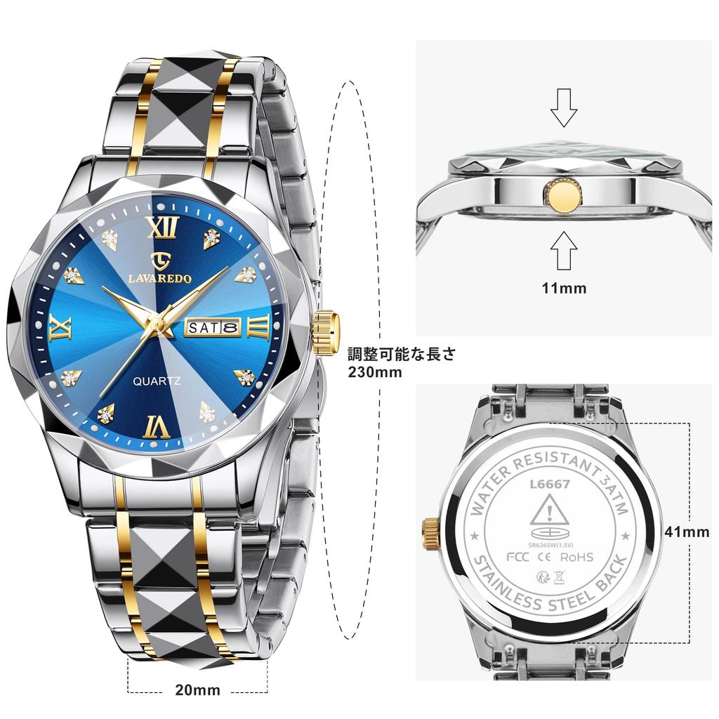 L LAVAREDO Stainless Steel Analog Quartz Date Silver Men's Watch, Fashionable, Casual, Business, Waterproof, Display, Blue-Black