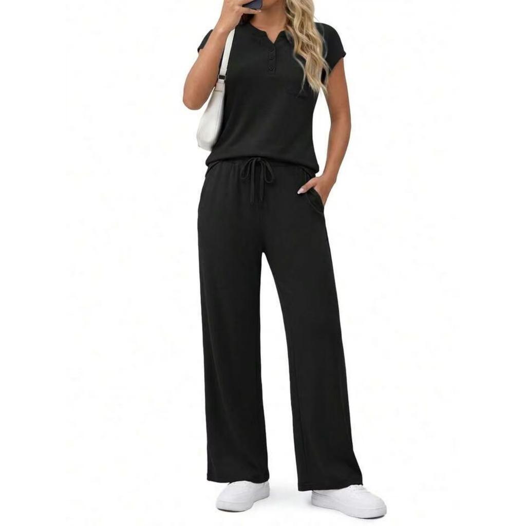 Fashion Women's Spring And Summer Short Sleeved V-neck Top Loose Wide Leg Pants Set
