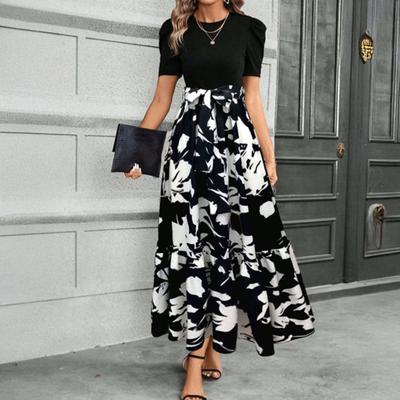 Damen Sommerkleid Rundhalsausschnitt Kurzarm Druck Spleißdesign Midi