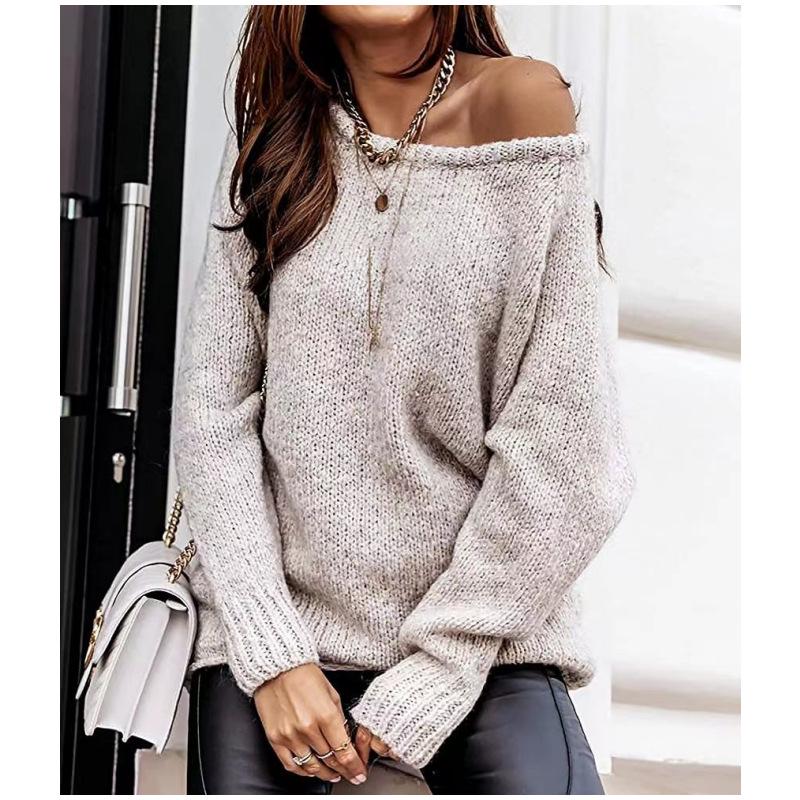 Autumn Winter Off-Shoulder Round Neck Pullover Loose Plus Size Sweater for Women