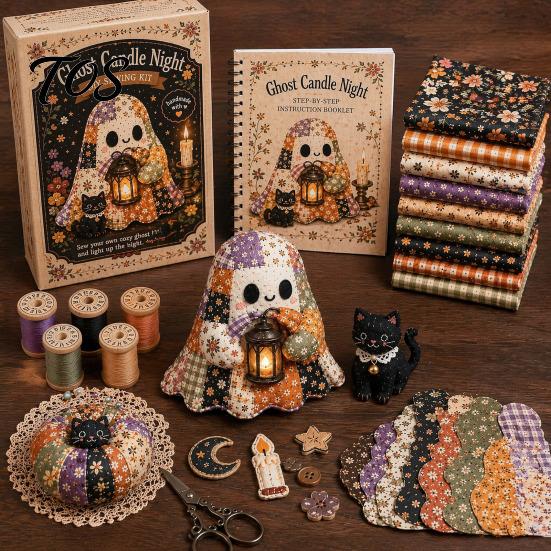 Halloween-Themen-Stoffbastel-Geister-Patchwork-Set, Niedliches Puppen-DIY-Nähset mit vorgeschnittenen kreativen Stoffen zur Stressbewältigung, Herbst-Feiertags-Set