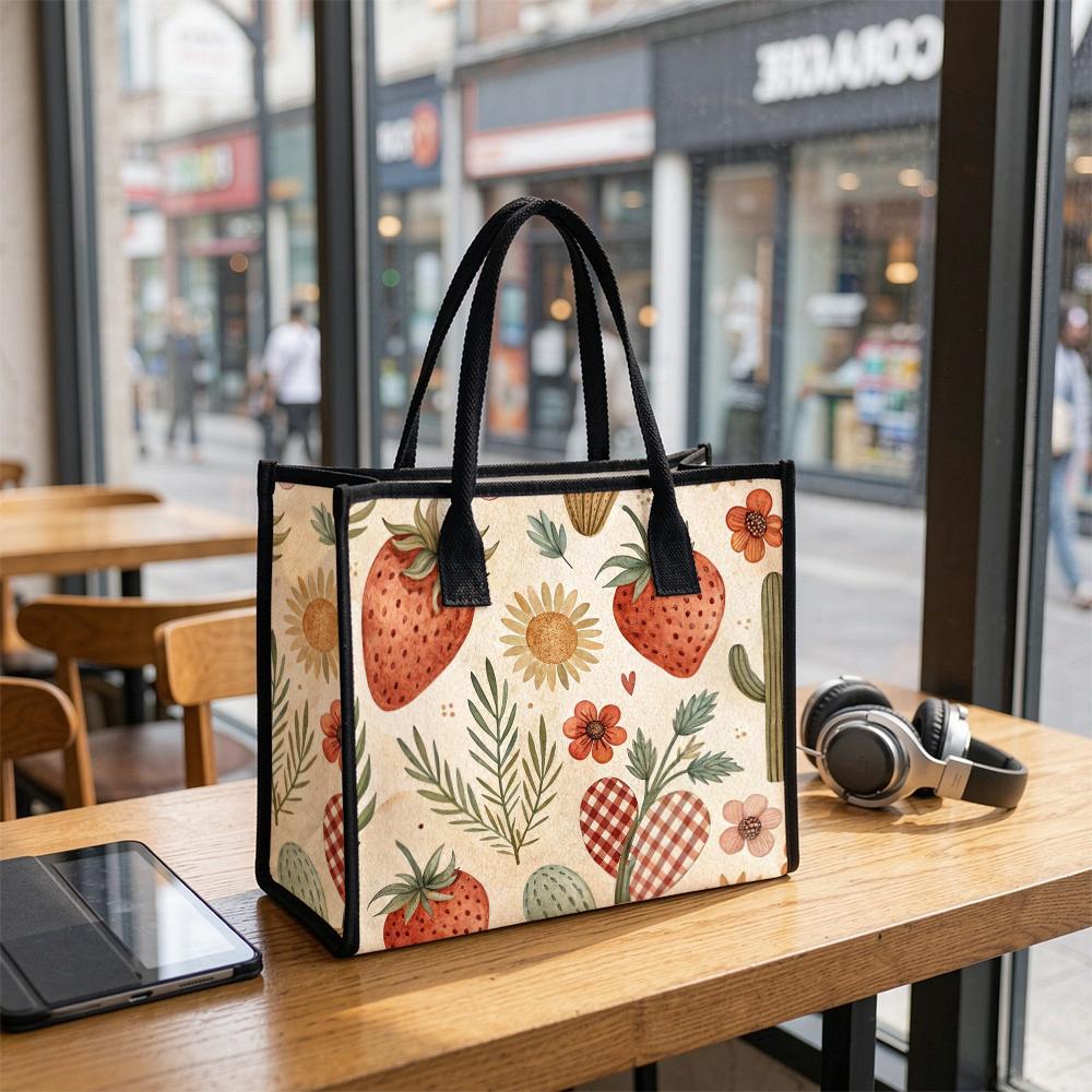 Boho Strawberry Flower Casual Tote Bag for Women Lightweight Cute Daily Carry Shopping Shoulder Bag