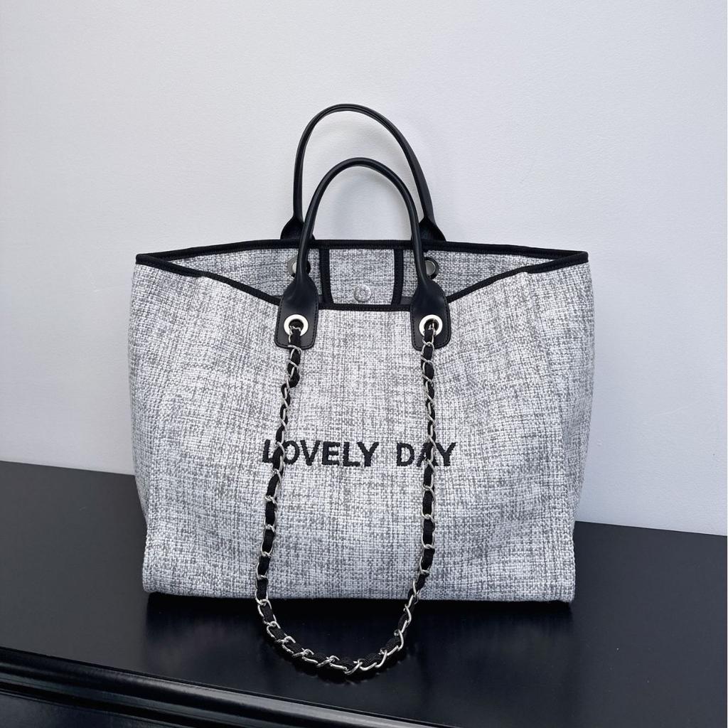 Pearl embroidered beach bag canvas chain bag large capacity handbag shoulder shopping bag women's tote bag