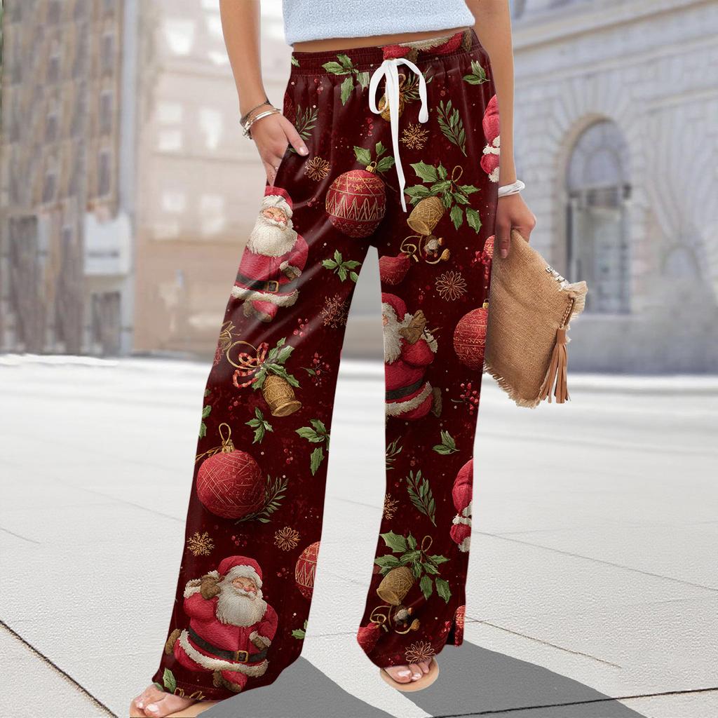 Ladies' Loose And Casual Christmas Printed Wide Leg Pants With Elastic Waistband Drawstring And Pocket Pants