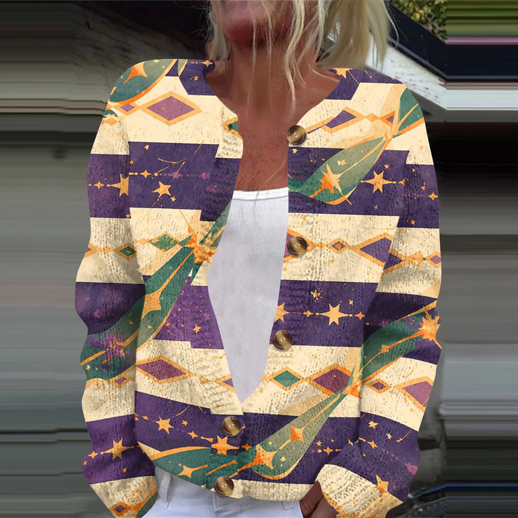Women's Fashion Printed Long Sleeve Knitted Cardigan Button Down Jacket