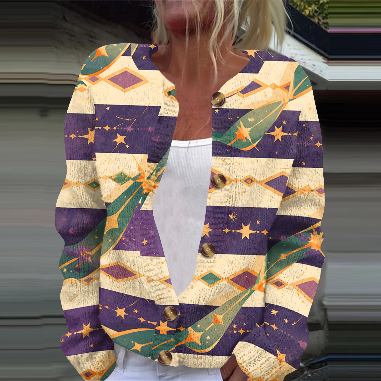 

Women s Fashion Printed Long Sleeve Knitted Cardigan Button Down Jacket XXL