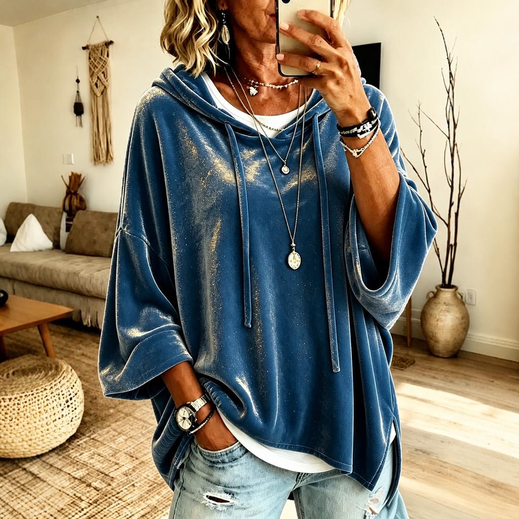 Women's Casual Velvet Hooded Top with Three-Quarter Sleeves Color