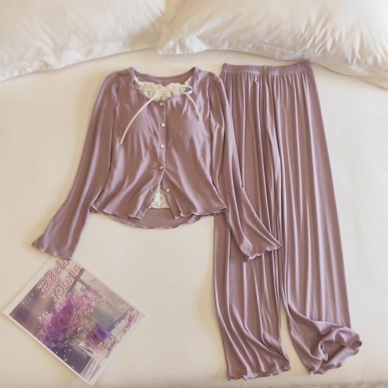 Chunqiu Damen Süßes Spitzen Modal Viskose Pyjama-Set mit Brustpolster - Langarm & Hose