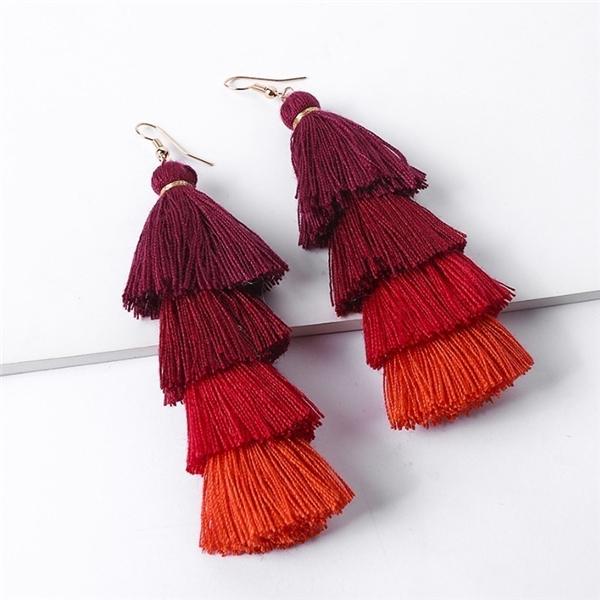Dark Green Silk Fringe Tassel Bohemian Dangle Drop Statement Fashion Earrings #963