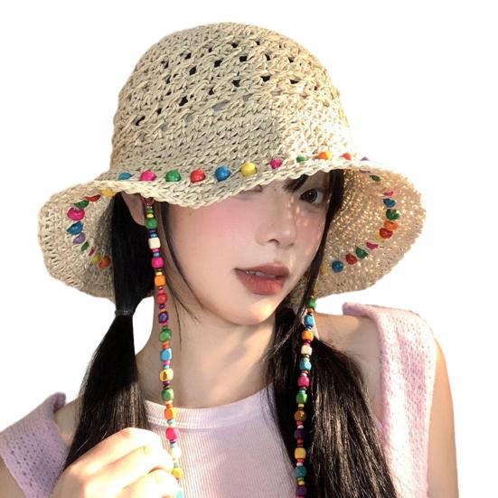 

Straw Hat High-Density Hand-Woven Straw Fabric Wide Brim Fisherman Hat with Adjustable Strap Colorful Beads Outdoor Sun Hat бежевый