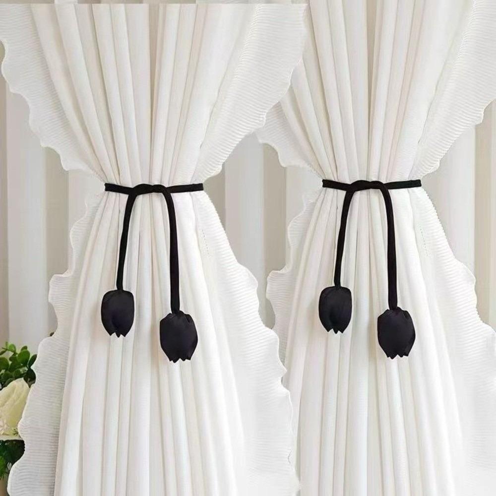 2 PCS Adjustable Curtain Straps Fashion Rose Curtains Tie Rope Ornament Tulip Curtain Tieback  Home Tulip Black