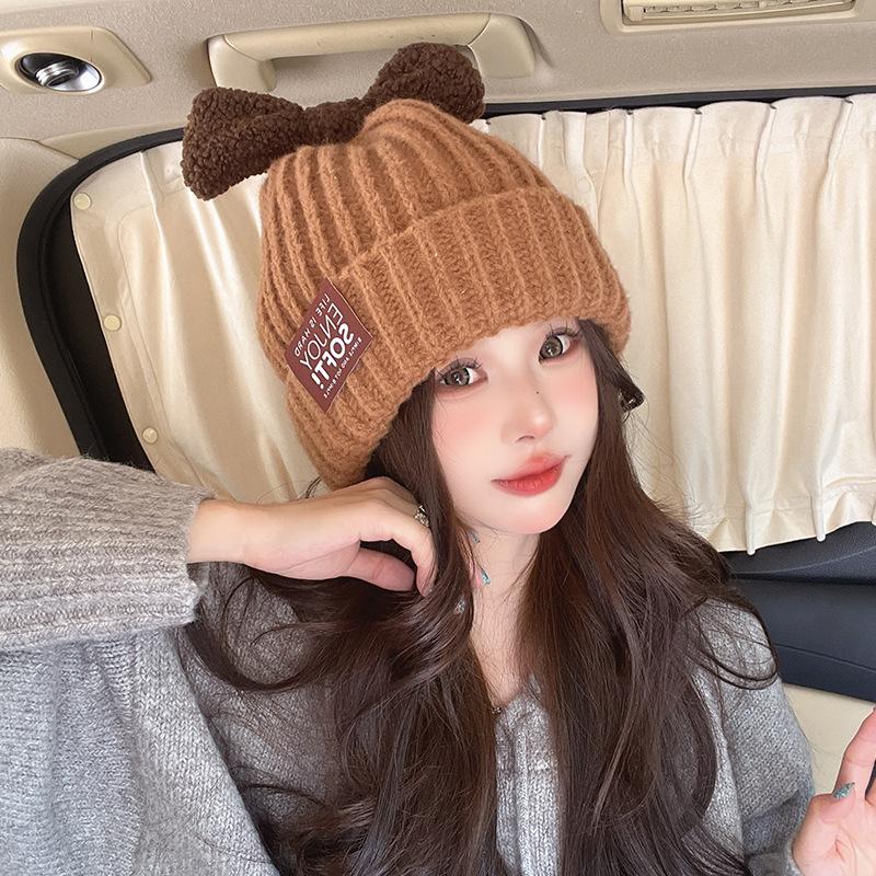 Autumn and Winter Candy Color Bow Wool Hat for Women Korean Style Versatile Face Showing Small Warm Knitted Hat for Students Sweet Cold Hat