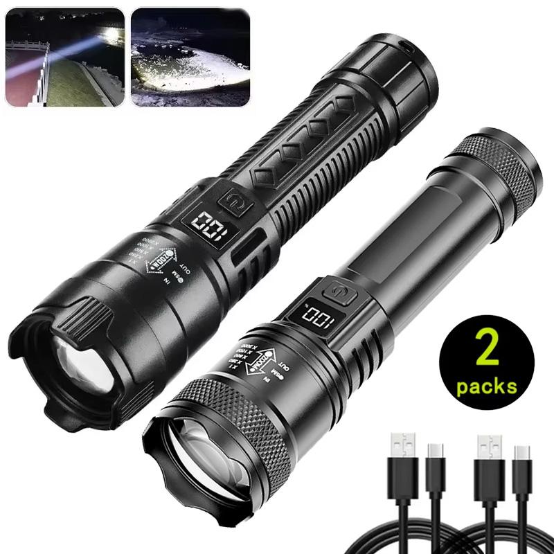High Strong Power Led Flashlights Bright Tactical Torch with Display Light Rechargeable Camping Fishing Emergency Zoom Lantern