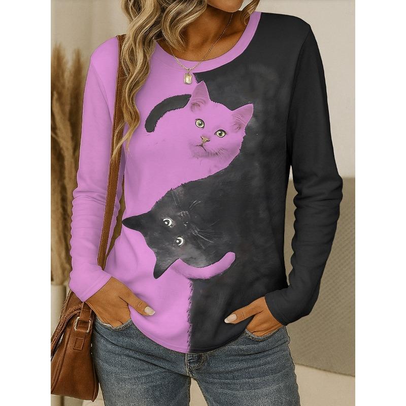 Damen T-Shirt Rundhals Langarm Tunika Grafik Tier Katze Vintage Stilvoll Klassisch Runder Hals Normale Oberteile