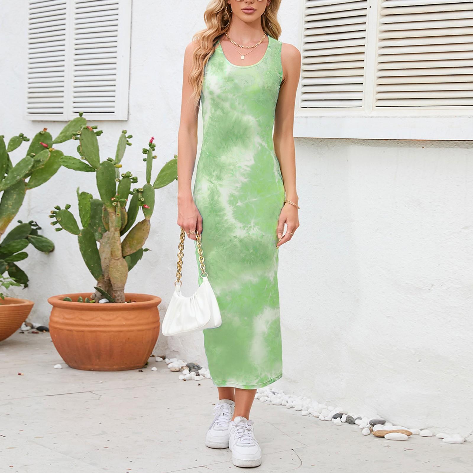 

Женская мода, сексуальная без рукавов с принтом тай-дай, длинная юбка с запахом, длинная юбка с круглым вырезом, тонкое платье XXL зелёный