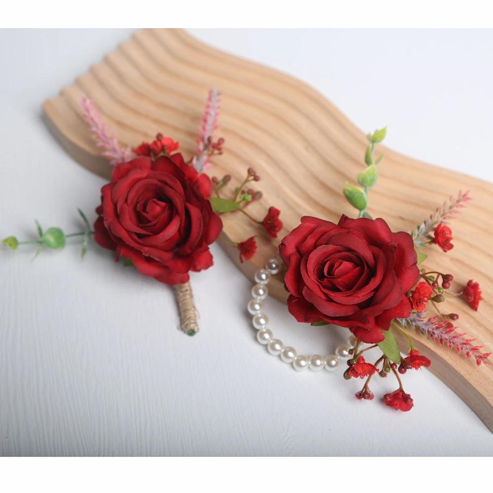 6pcs Rustic Artificial Rose Boutonniere Corsage Set Dusty Rose White Wristband Prom Suit Flowers for Wedding Ceremony