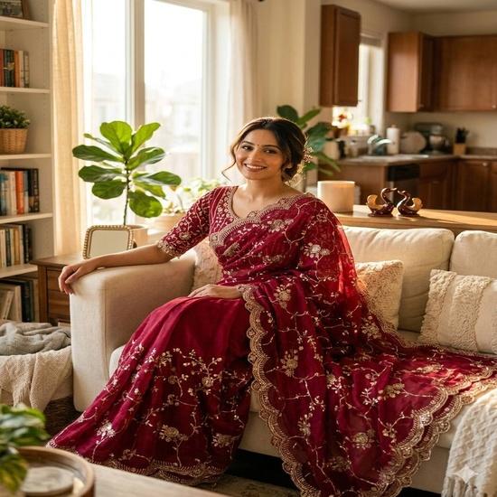 Luxury Maroon Frendy Chiffon Floral Embroidered Saree STITCHED