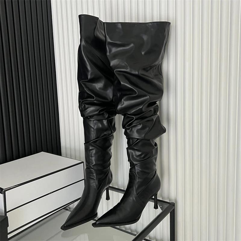 Eilyken Design Style Pleated Thin Heels Women Knee-High Long Boots Autumn Winter Pointed Toe Stripper Prom Ladies Shoes