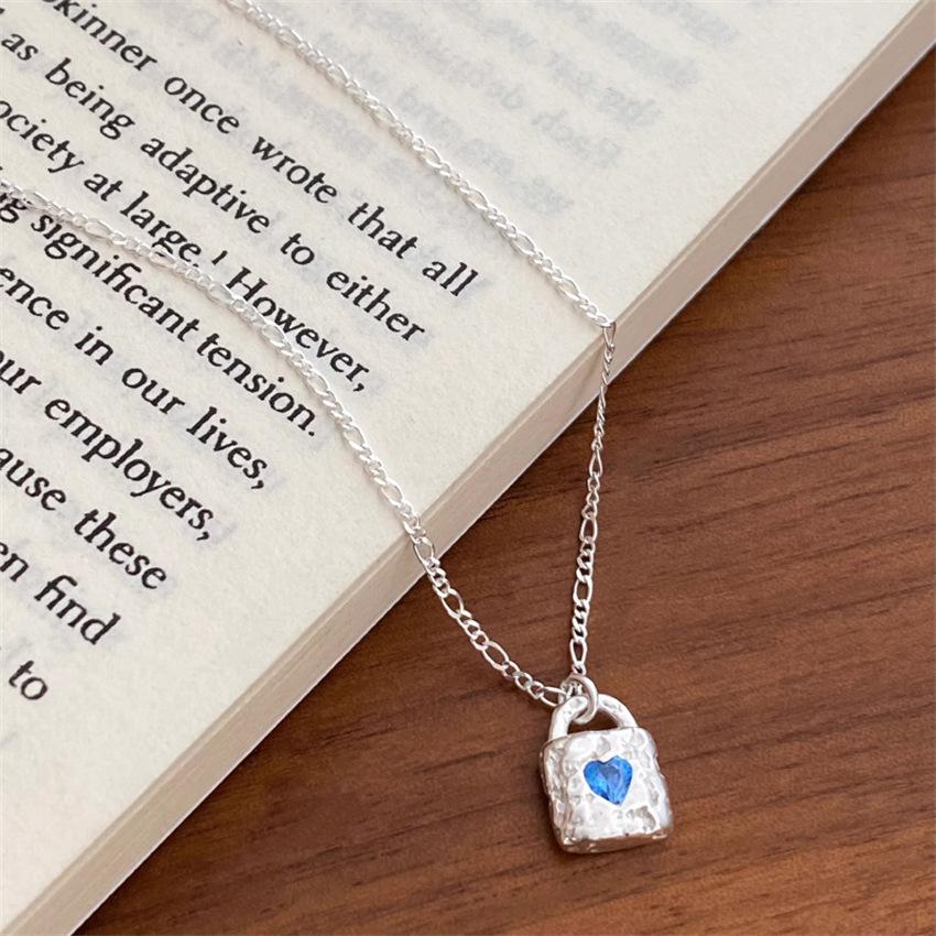 Korean texture blue zircon love lock head necklace minimalist personality collarbone chain jewelry