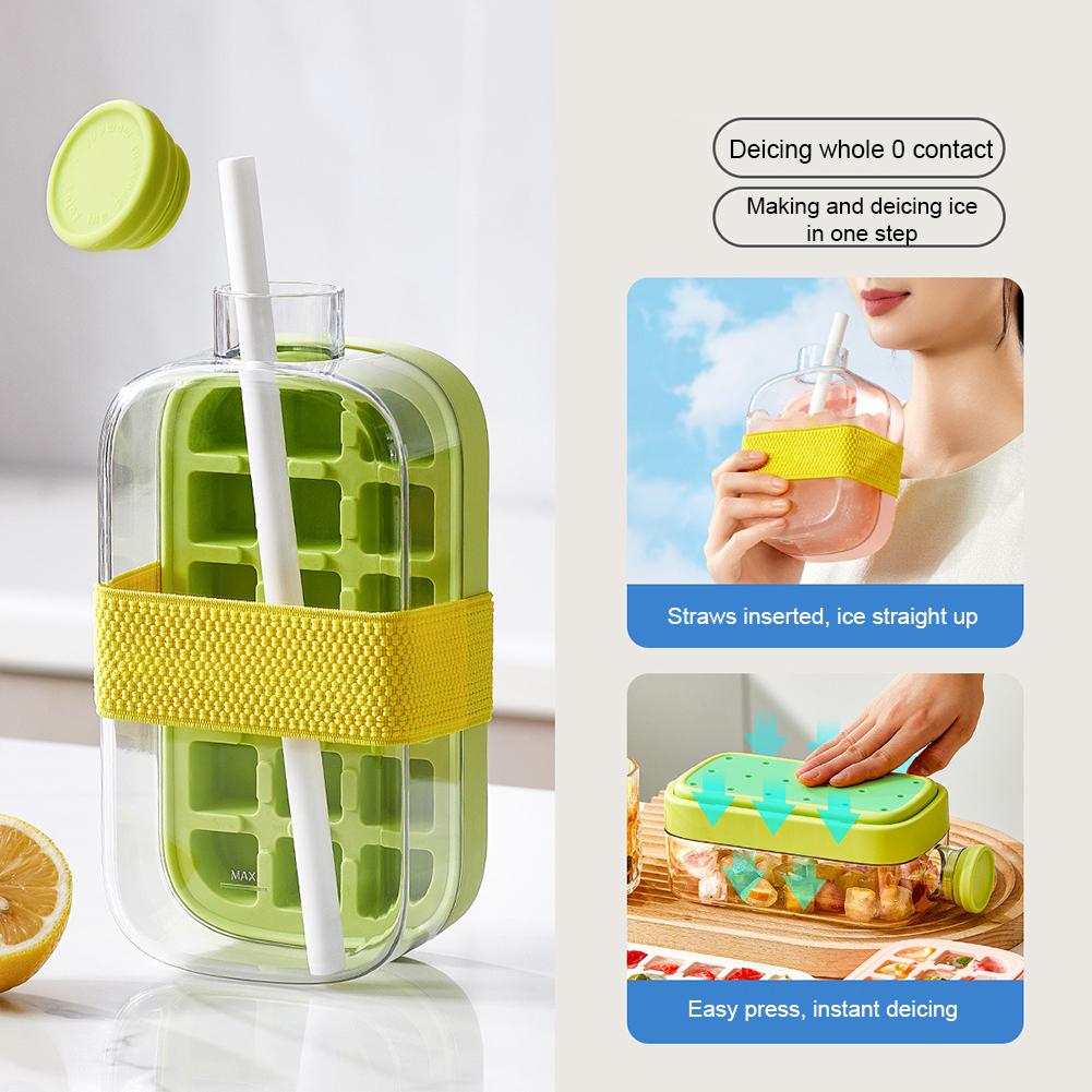 Ice Cube Bottle with Straw 2-in-1 Water Bottle with Strap Ice Cube Mold Portable Press Ice Tray Bottle for Outdoor Travel