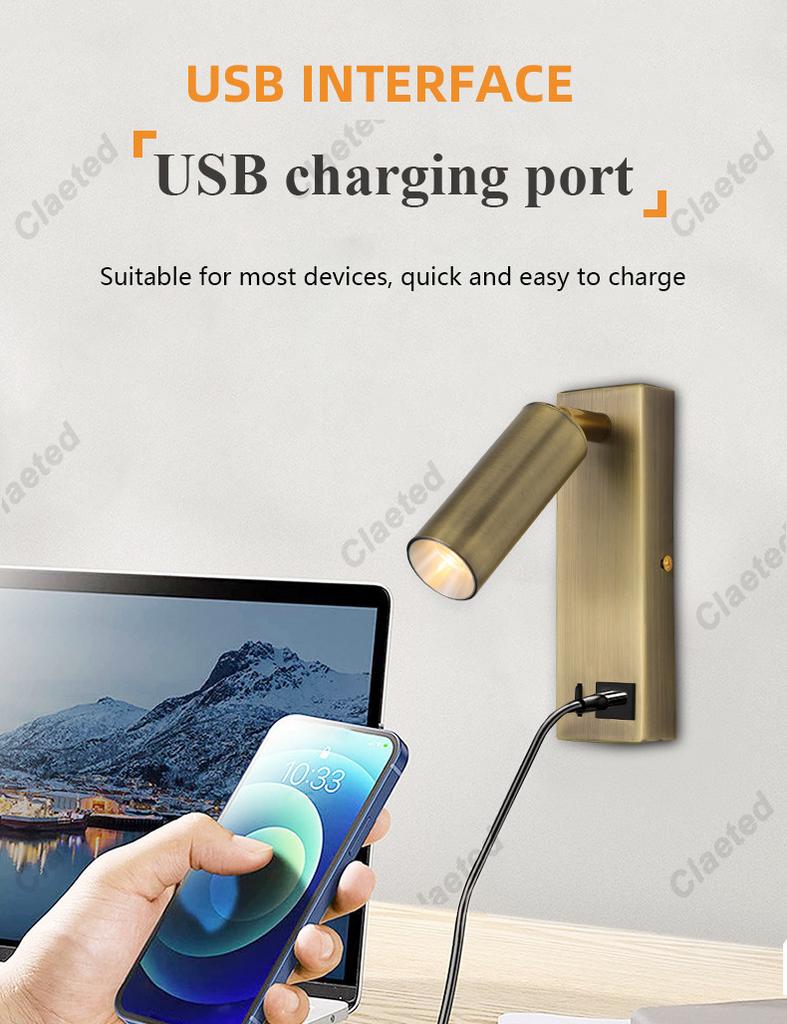 New Led Wall Lamp Sconce with Switch Black Brass Creative USB Port Reading Wall Lamp with 3W Spotlight for Bedroom Bedside