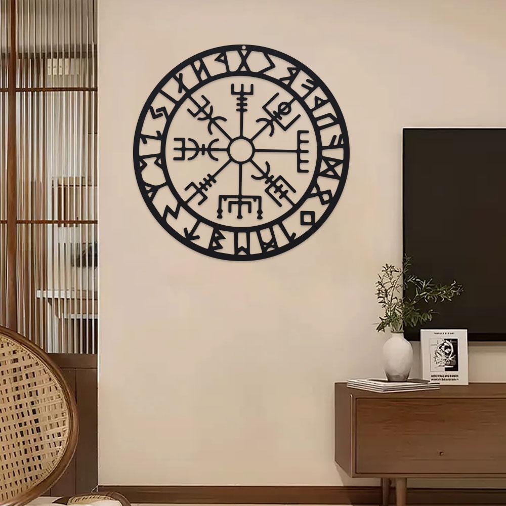 Metall Wikinger Wanddeko, Nordische Metall Wikinger Wandkunst für Schlafzimmer Wohnzimmer Zuhause, Schwarzes verwittertes Metall Kompass Kunstwerk